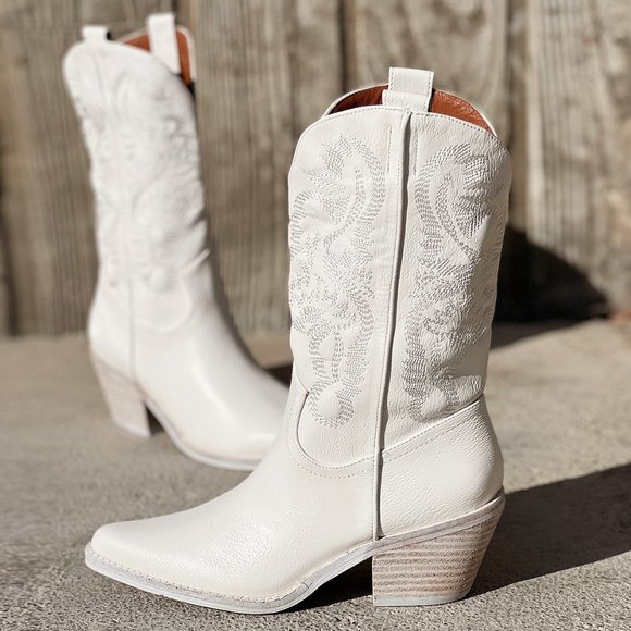 NEW White Cowboy Western Embroidered Stitch Pointy Toe Block Heel Mid Calf Boots - Picture 2 of 13